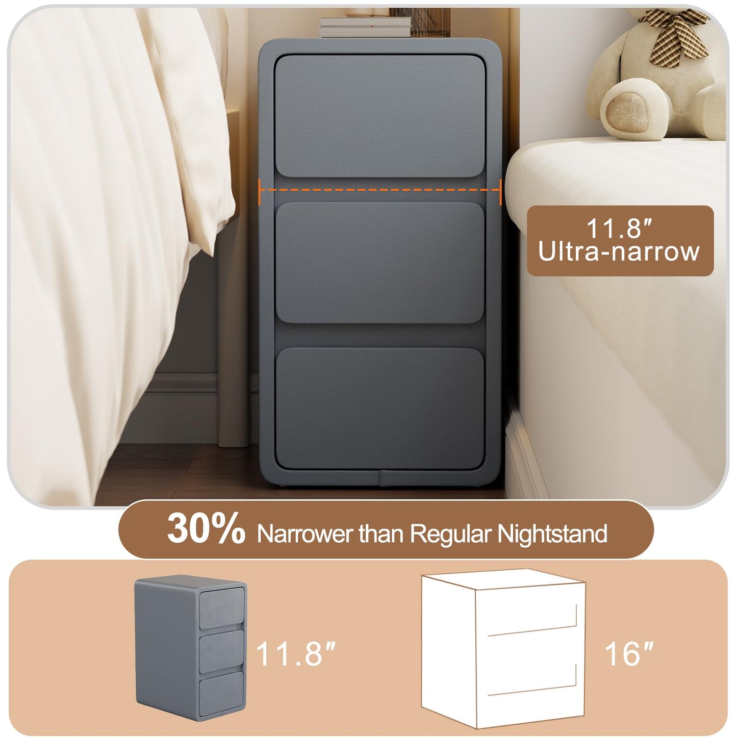 AQIMUELE Small Bedside Table, Slim Bedside Table with 3 Drawers, Assembled Narrow Side End Table with Leather Surface for Bedroom, 30cm, Dark Gray