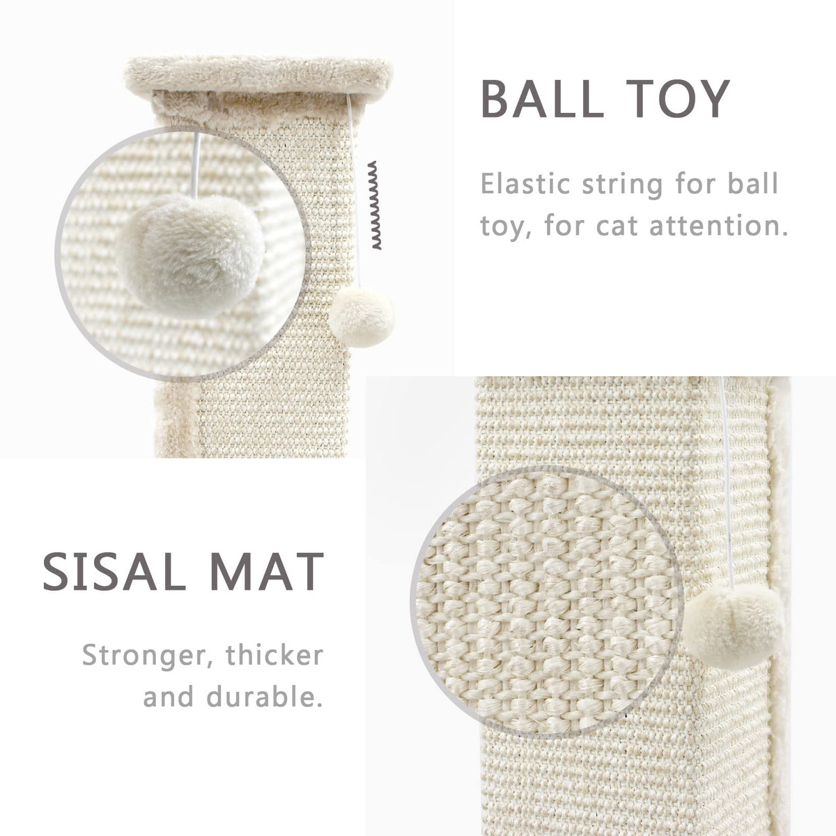 SONGWAY Tall Cat Scratching Post - Natural Sisal Cat Scratcher with Teasing Toy Ball and Covered with Soft Plush, Scratch Toy for Cats Kittens, Beige