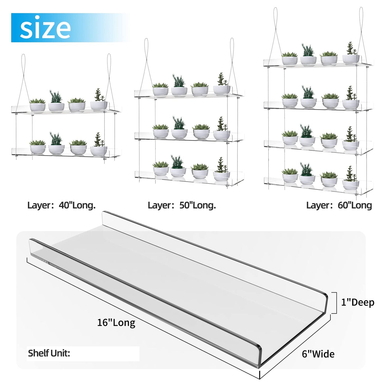 ZerzSemp Hanging Acrylic Plant Shelves for Windows, Height Adjustable Clear Hanging Indoor Windows Wall Hanging Plant Stand for Window Grow