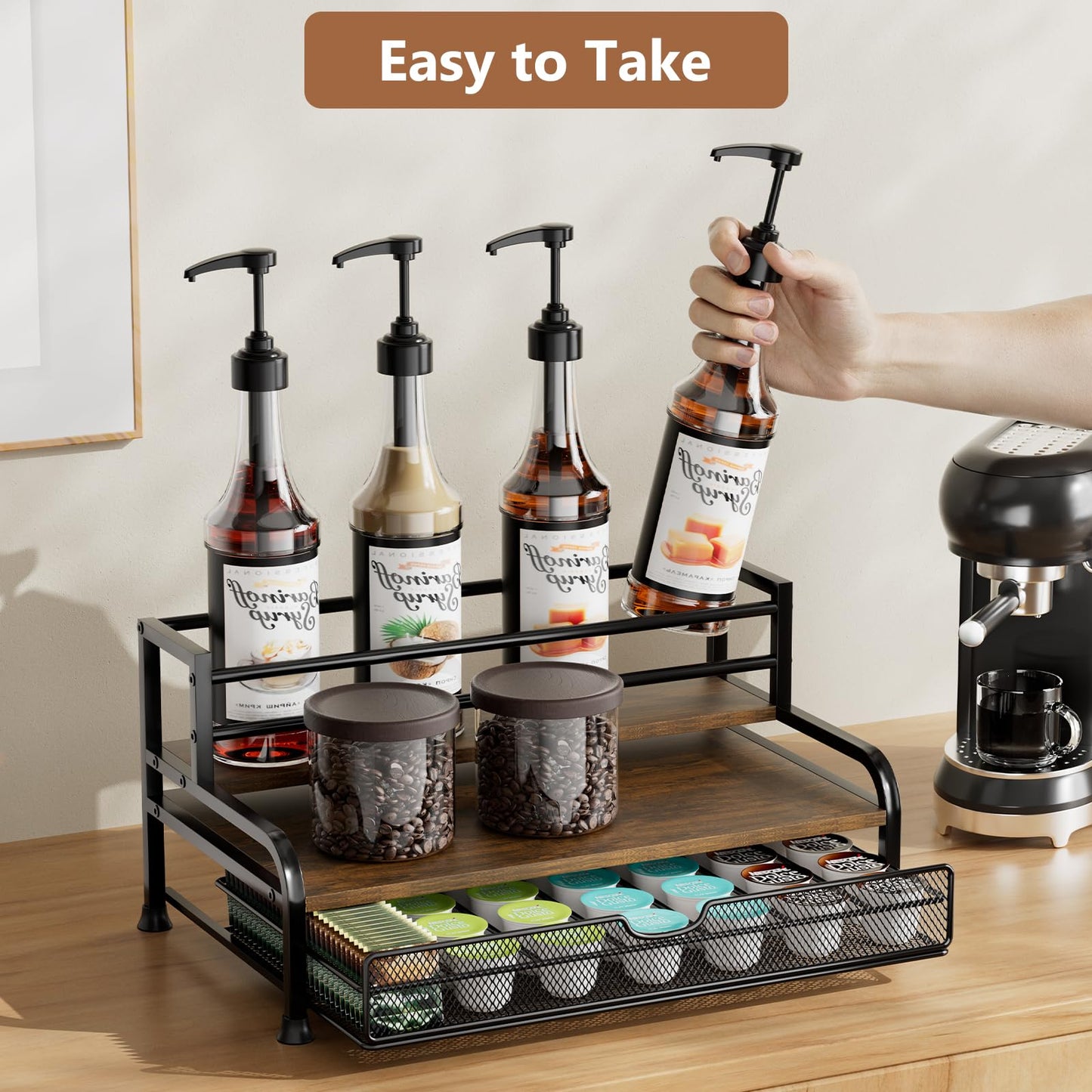 Coffee Syrup Organizer, 3-Tier 8 Bottles Coffee Syrup Stand with 35 K Cup Storage Drawer for Coffee Bar, Coffee Pod Holder for Syrup, Tea, Wine,