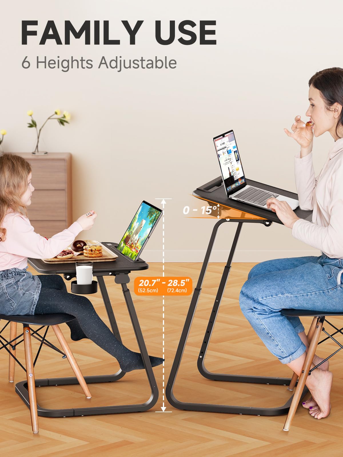 Table For Sofa, SAIJI Overbed Table, beside table adjustable table, Sturdier U-shaped legs, TV Tray, Adjustable Height and Angle, with Tablet Slot,