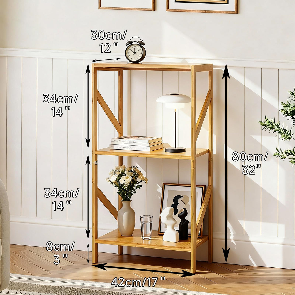 EIUTQRU Bamboo Bookshelf, 3 Tier Rustic Style Bookcase, Multifunctional Narrow Shelving Unit Storage Rack for Living Room, Garage, kitchen, Office