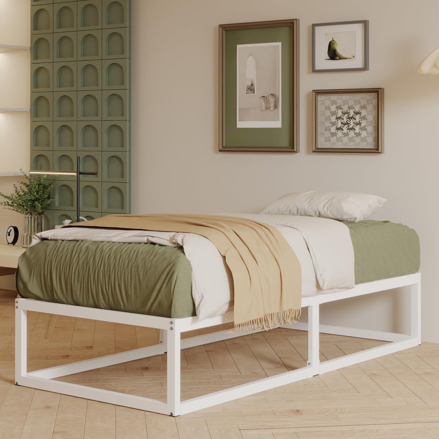 EMODA Small Single Bed Frame 36cm High with Steel Slats Support, White