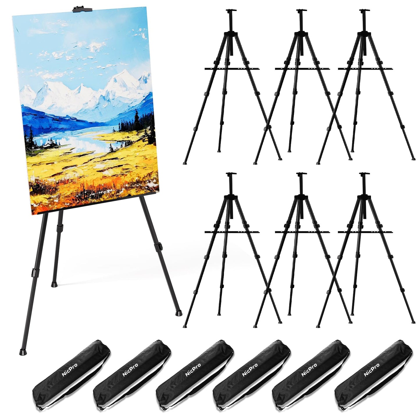 Nicpro Art Easel for Painting with Bag, Aluminum Metal Tripod Easel Stand for Sign, 6 Pack Black Painting Easels Adjustable Height from17 to 66" for