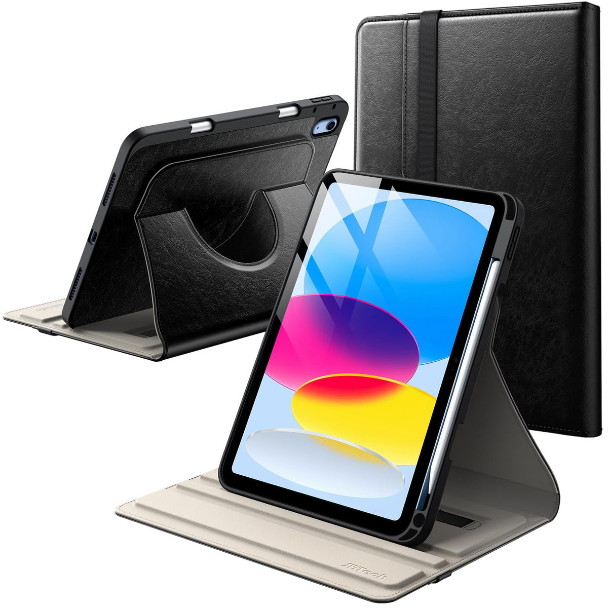 JETech Rotating Case for iPad (A16) 11th/10th Generation (2025/2022) with Pencil Holder, 360 Degree Rotation PU Leather Folio Protective Cover (Black)
