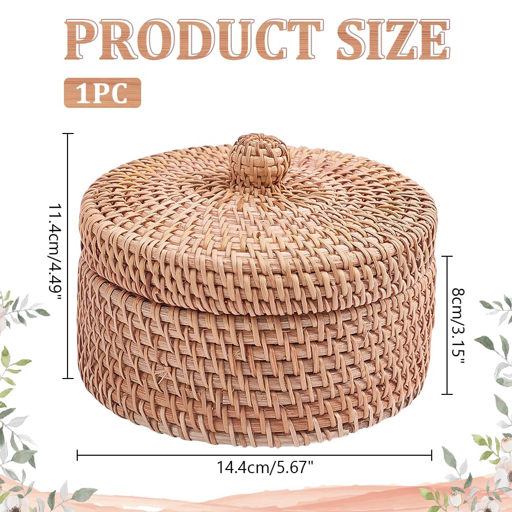 WADORN Round Rattan Storage Box with Lid, Handmade Woven Storage Basket Natural Multi-Purpose Wicker Rattan Basket Small Decorative Baskets Box for