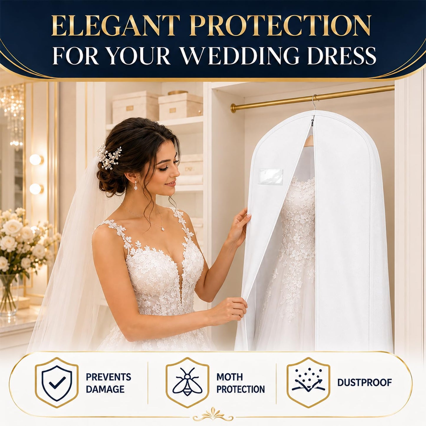 Wedding Dress Bag Covers, URMI Heavy Duty 180 x 60 x 26cm Bridal Gown Cover with 3 Clear PVC Pockets, Long Garment Bag with Handles for Wedding Gown