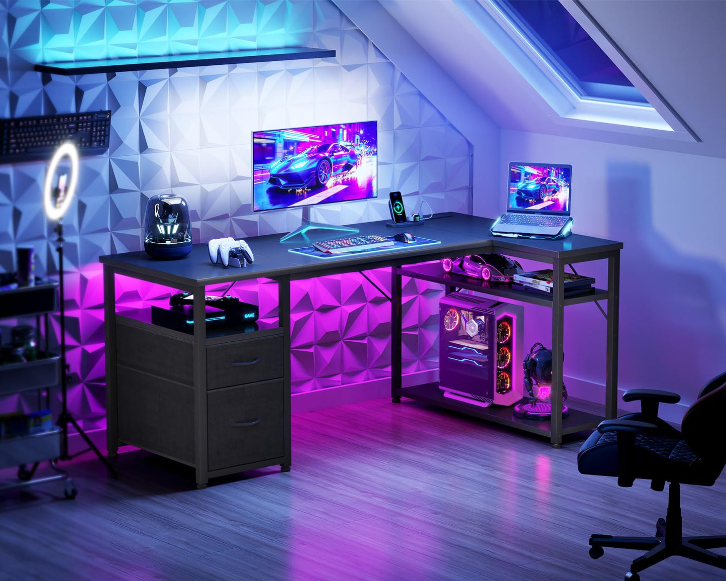 Coleshome Corner Computer Desk with Drawers and Shelves, 140×80 cm, Black