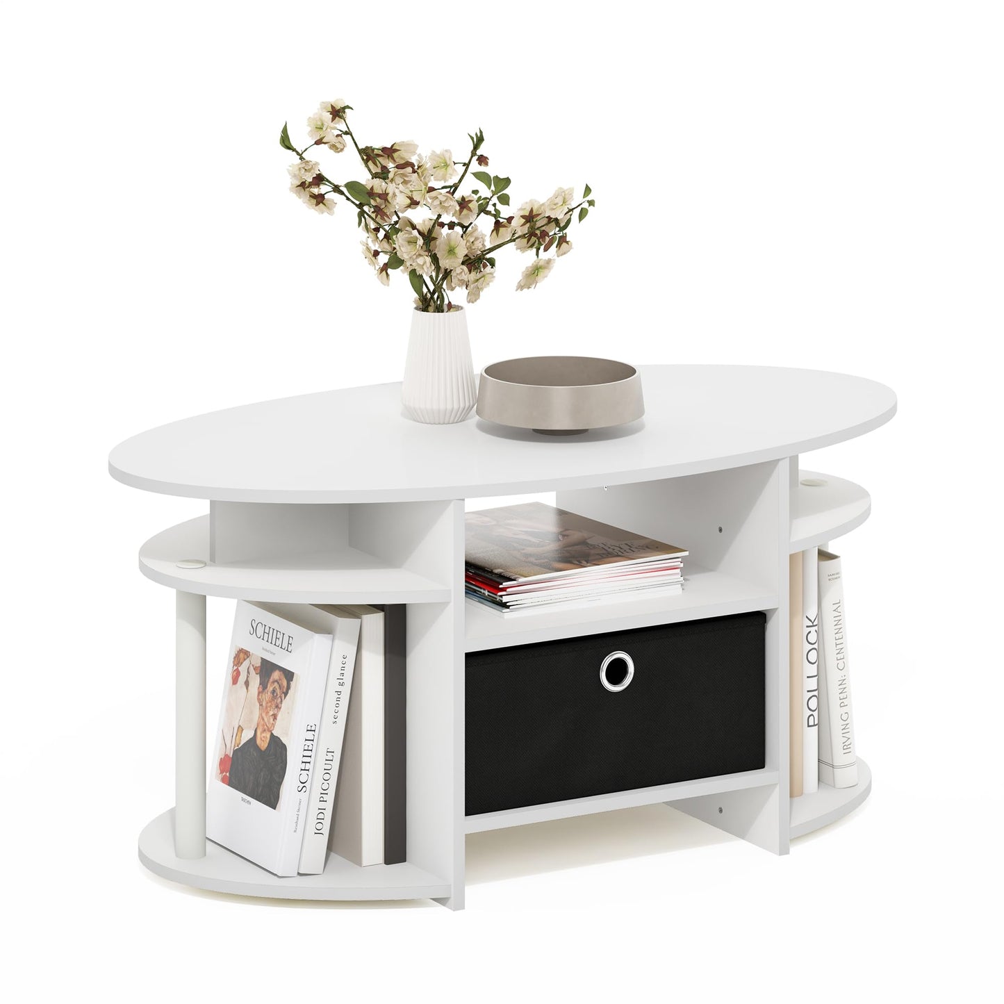 Furinno JAYA Coffee Table, Oval Modern Coffee Table with Shelves and Storage Bin, Side Table, for Living Room, Bedroom, Home Office, White