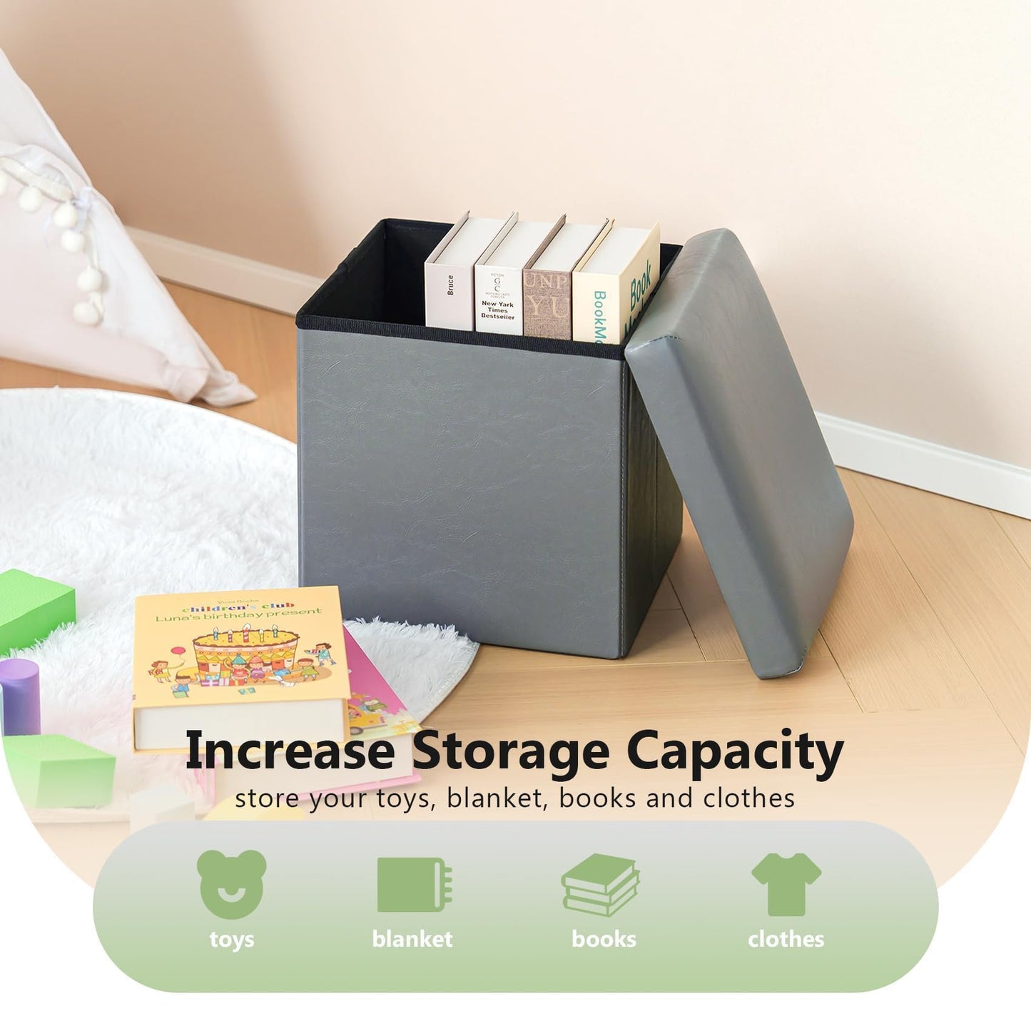 Bonlife Small Folding Ottoman Storage Box Seat,Kids Foldable Toy Chest with Lid,Faux Leather Cube Footstool for Living Room Light Grey,30x30x30cm