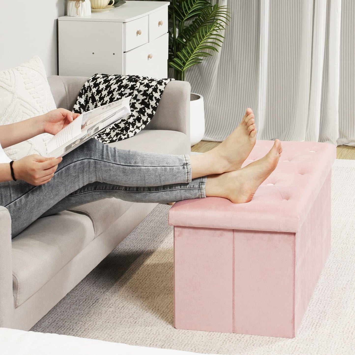 Bonlife Pink Folding Velvet Ottoman Storage Bench,Footrest Stool Seat,Toy Chest Storage Box with Lid,Footstool for Living Room,80x40x40cm
