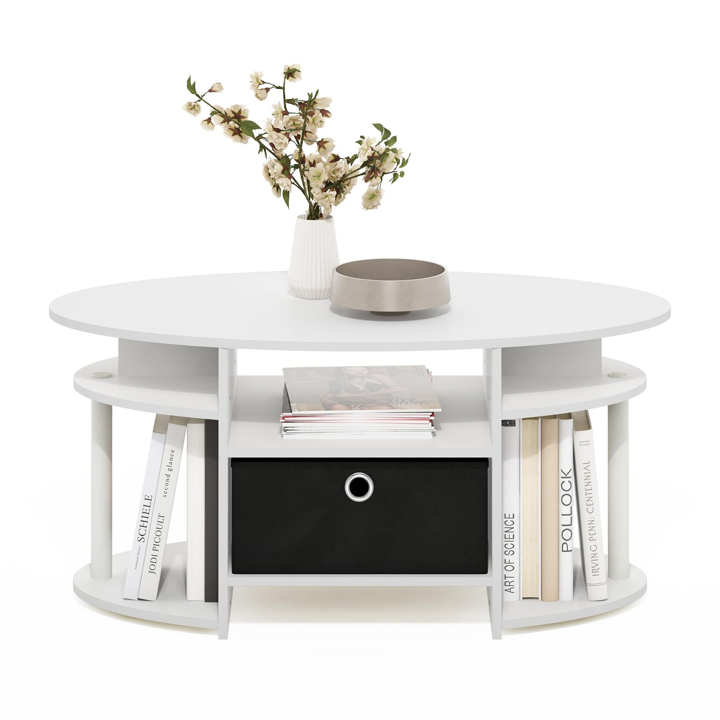 Furinno JAYA Coffee Table, Oval Modern Coffee Table with Shelves and Storage Bin, Side Table, for Living Room, Bedroom, Home Office, White