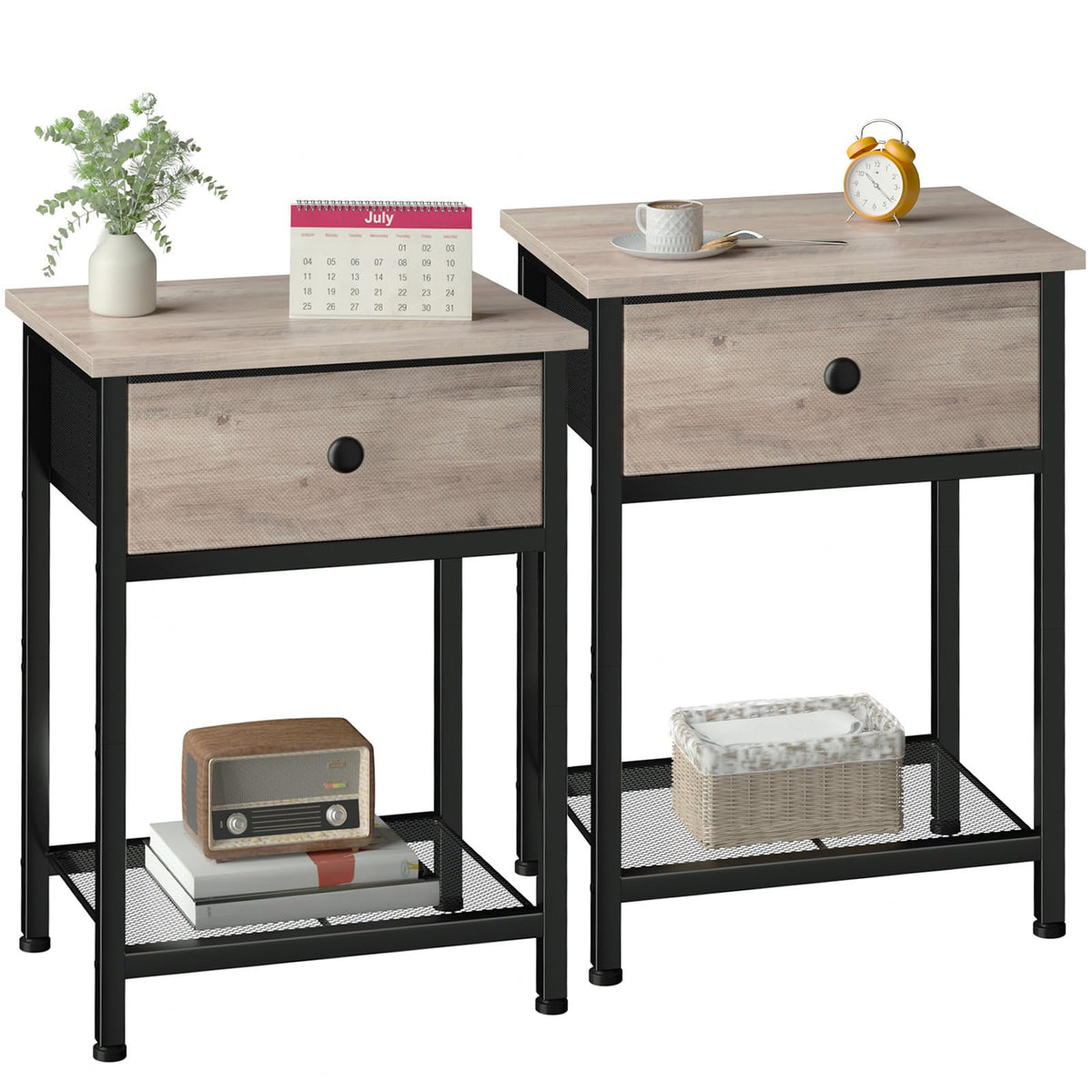 AMHANCIBLE Bedside Tables Set of 2, Side Tables with Fabric Drawers