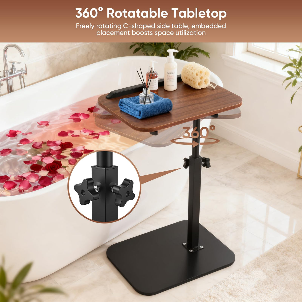 C Shaped Side Table,45-80cm Height Adjustable Bedside Table, 360°Swivel End Table, Sofa Side Table, Modern Small Coffee Table