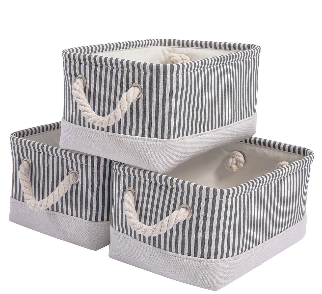 Mangata Fabric Storage Boxes, Open Storage Organizers, 3 Pack (Grey Stripe, Small)