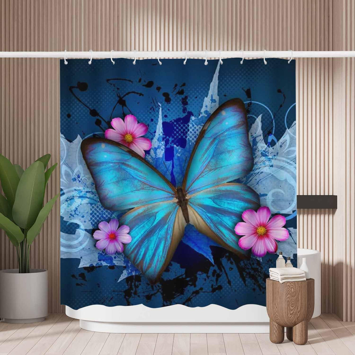 Woutay Shower Curtain Mould Proof Resistant Blue Butterfly,Water Repellant Fabric,Polyester,with 12 Plastic Hooks