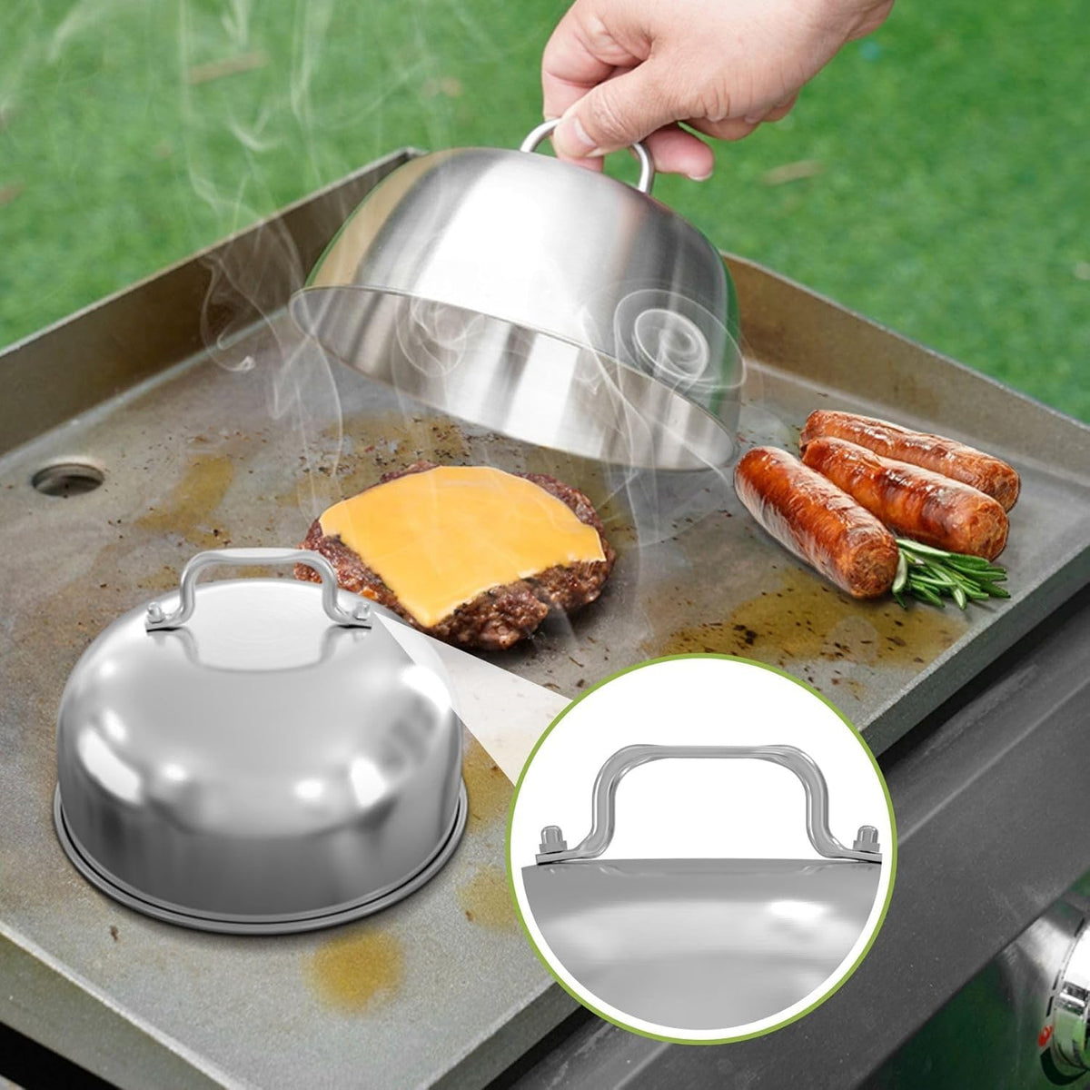 onlyfire BBQ Griddle Accessories Kit, 2 x 16cm Burger Cover Cheese Melting Dome, Round Burge Smasher and Large Spatula Turner, Grill Accessories Tools