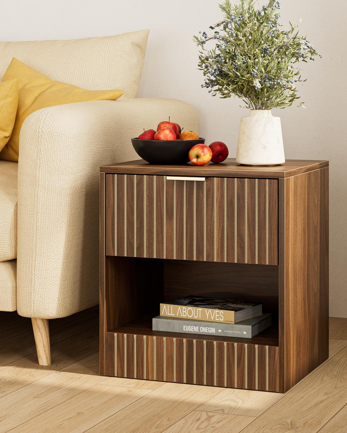 Apetaccat Bedside Table,45x38x49cm, Farmhouse Wooden Bedside Cabinet with Drawer,Kids Bedside Table Nightstand for Bedroom,Living Room,Office,Walnut