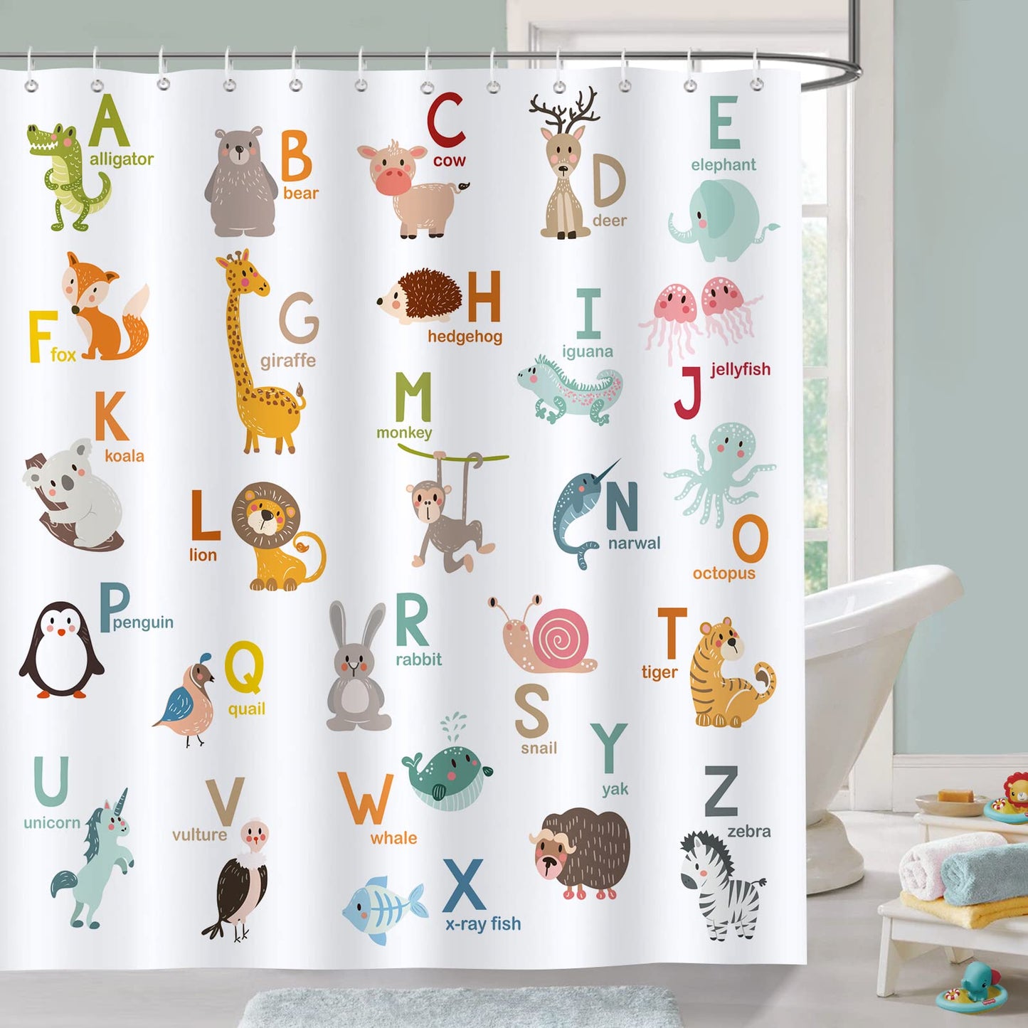 Bonhause ABC Learning Alphabet Shower Curtain Animals Kids Educational Bathroom Curtain 180 x 180 cm Waterproof Mildew & Mould Resistant Polyester