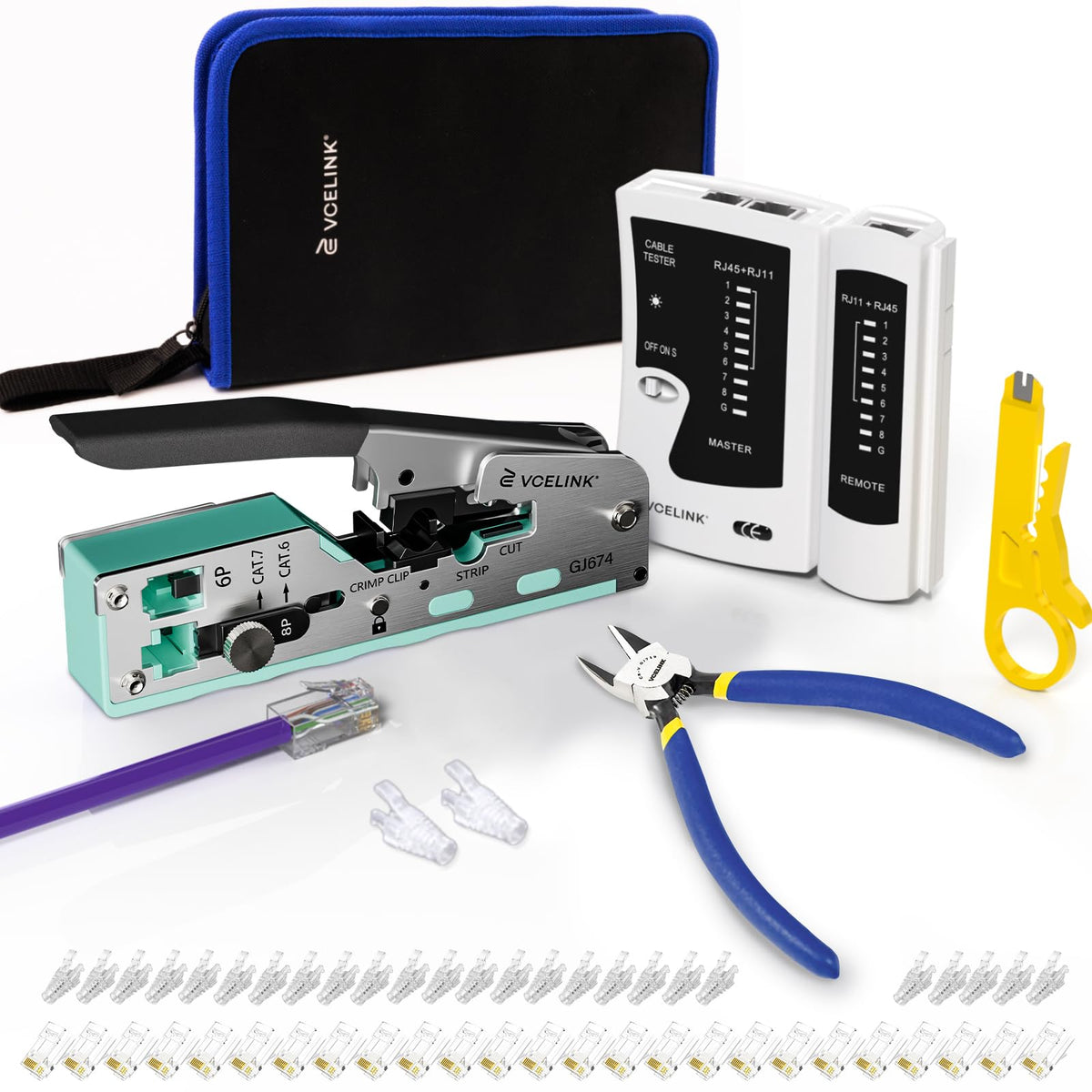 VCELINK Upgraded Stainless RJ45 Crimp Tool Kit for CAT7/6A/6/5E/5 with Pass Through Network Crimper, Cable Tester, 25 Cat6 RJ45 Connectors & Strain