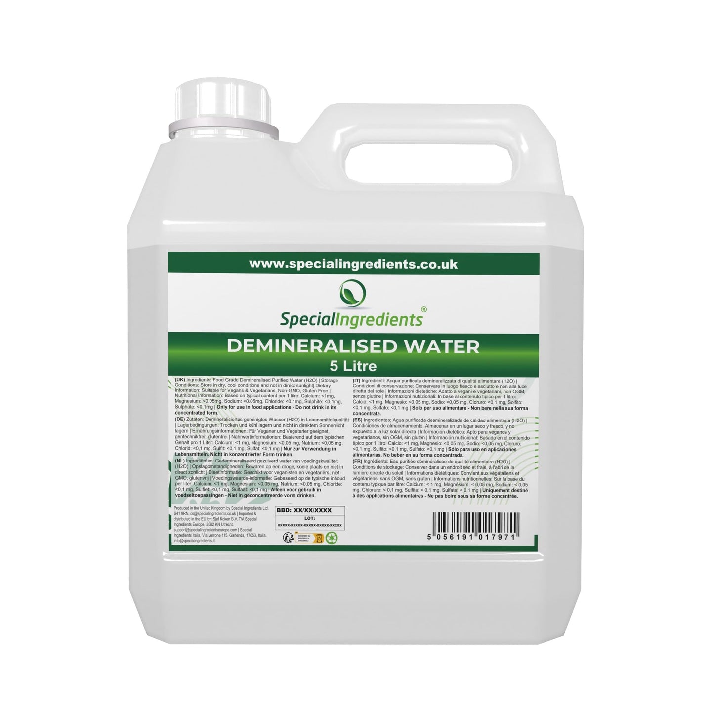 Special Ingredients Ultra Pure Food Grade Demineralised Purified Water H2O - Suitable for Vegans, Non-GMO, Gluten Free (5 Litre)