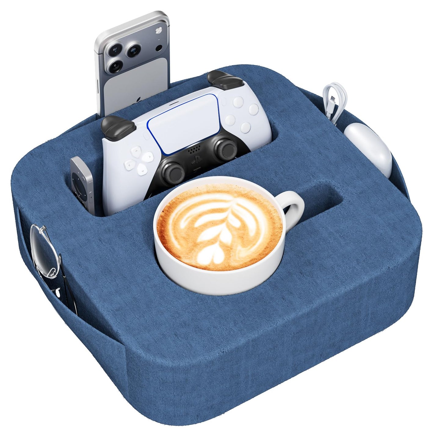 Couch Cup Holder Pillow, Multi-Function Sofa Armrest Organiser with Tablet Slot & Handle, Portable Couch Caddy for Remote Control, Drinks & Snacks