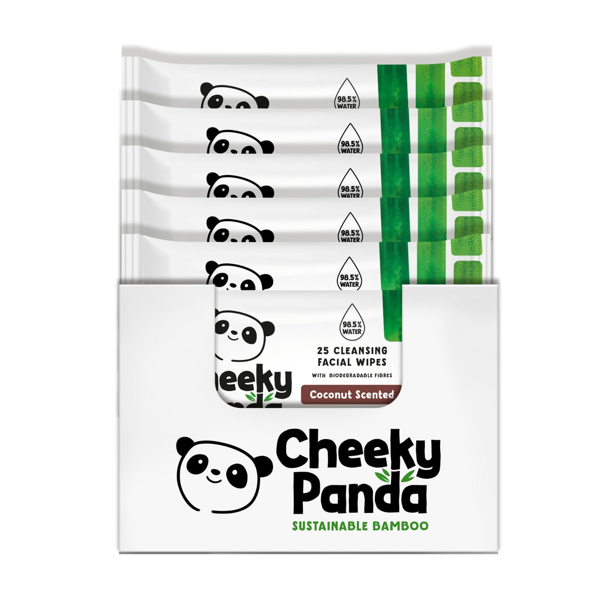 The Cheeky Panda Bamboo Face Cleanser Makeup Remover Wipes Coconut Scented | 6 Packs of 25 | 99% Purified Water | Plant Based & Vegan | Sustainable