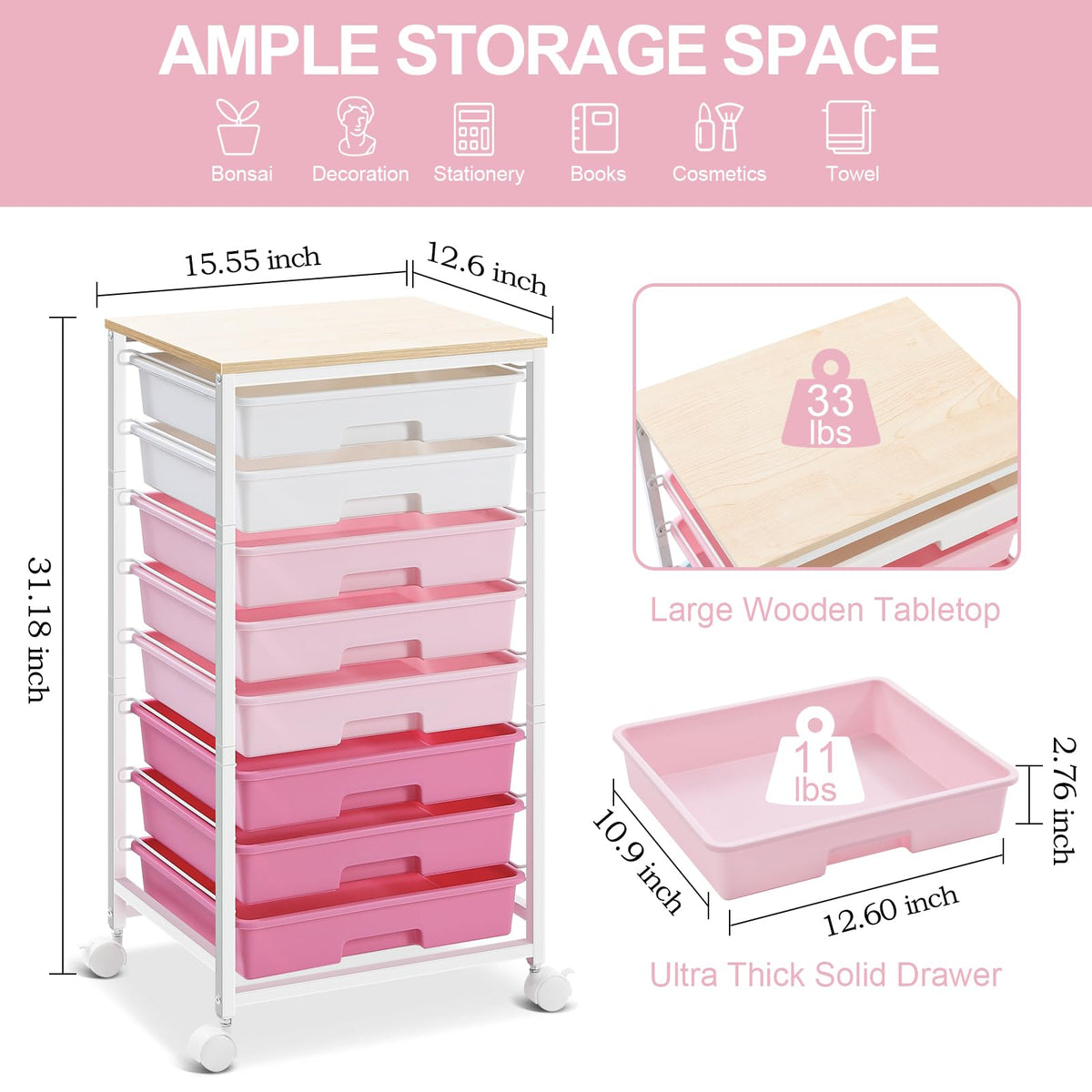 SYKIARIOL 8-Drawer Storage Trolley Rolling Cart with Lockable Wheels, Rose