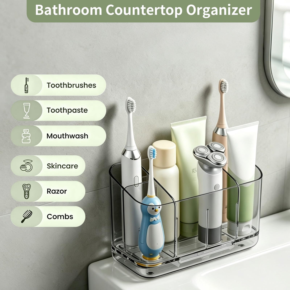5-Slot Electric Toothbrush Holder Wall Mount Countertop, No-Drill
