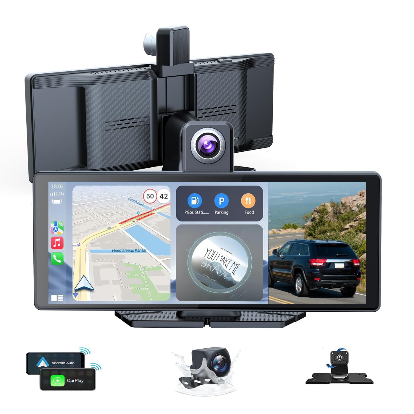 Tucarwyi 10.26" Wireless Portable Carplay Screen CarPlay & Android Auto Car Stereo 360 Rotation 4K Dash Cam 1080p Rear Camera Mirror Link Voice