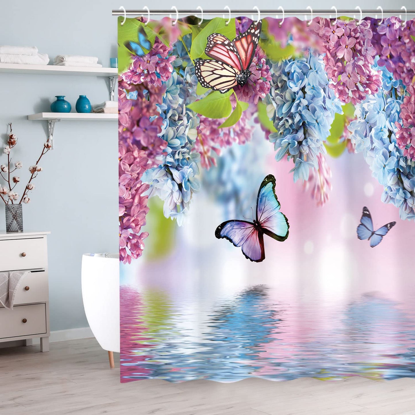LIVILAN Butterfly Shower Curtains with Hooks, Floral Shower Curtain, Blue Butterfly Shower Curtain, Watercolor Flowers and Green Leaves Fabric