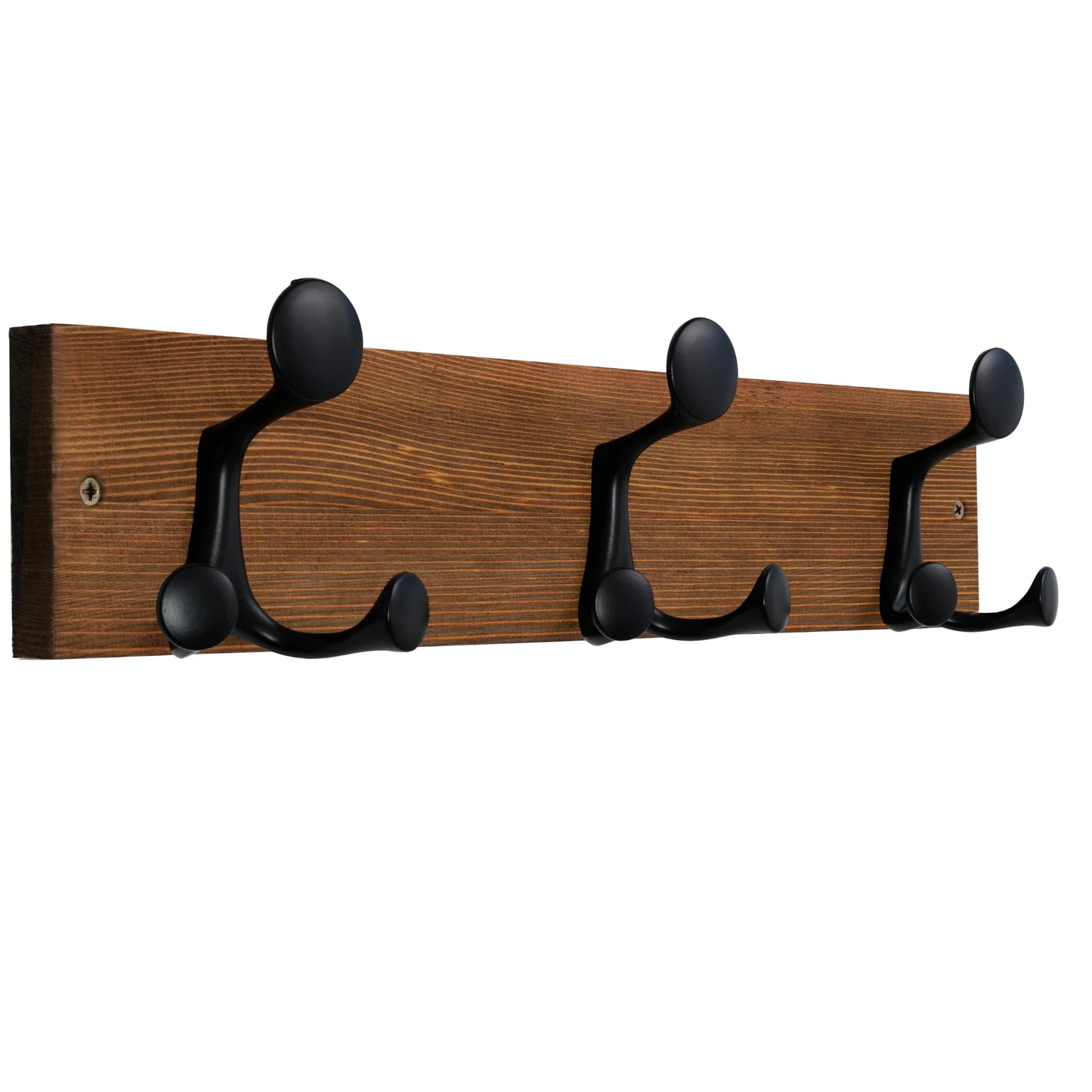 HONSKY Wall Mounted Coat Rack, 43cm Brown Pine Wood Base, 3 Black Sturdy Aluminium Alloy Triple Hooks (9 Hanging Points)