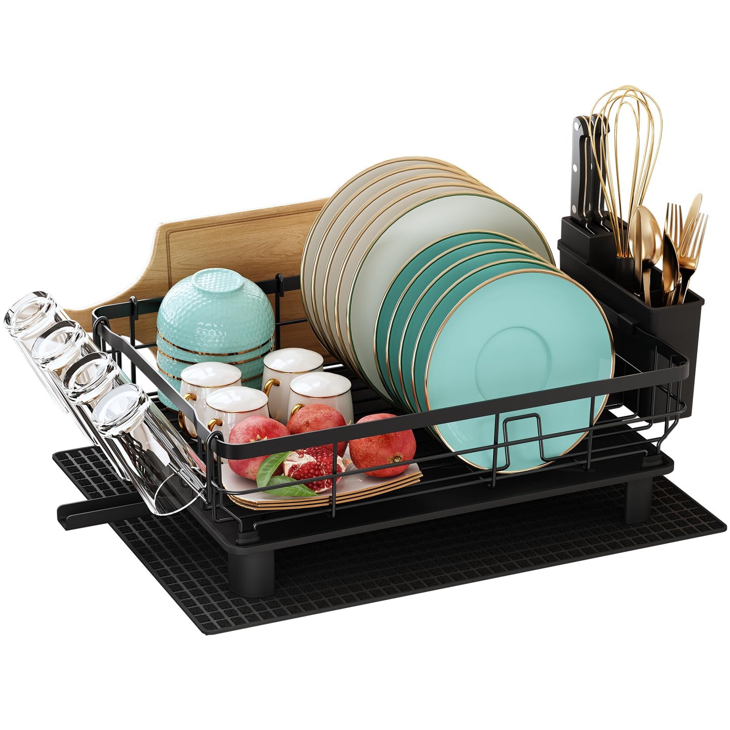 MAJALiS Dish Drainer Rack with Drip Tray, Dish Drainer with 360 Swivel Spout and Drainer Mat, Stainless Steel Dish Rack with Cup Holder and Cutting