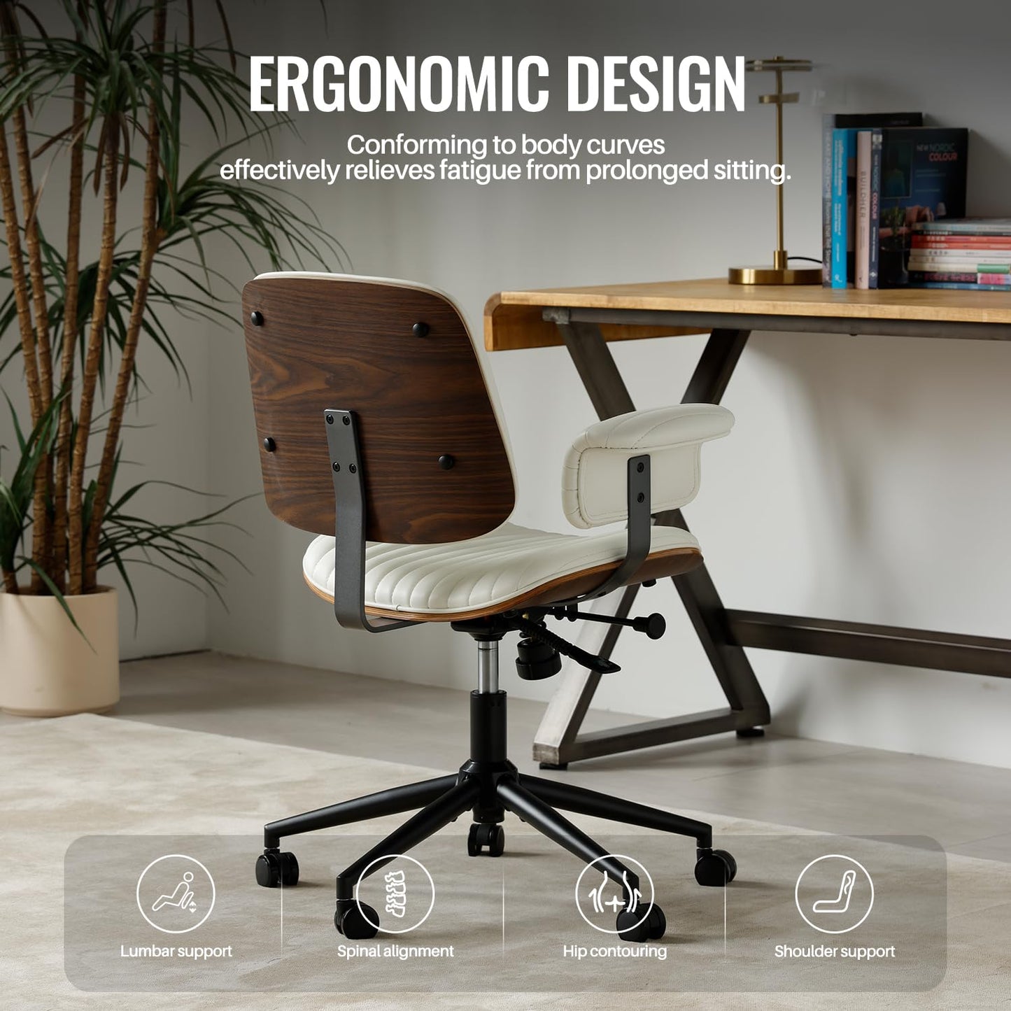PELLEBAR Home Office Desk Chair, Mid-Century Executive PU Leather Chair with Padded Armrests, 360° Swivel Ergonomic Task Chair,Adjustable Height