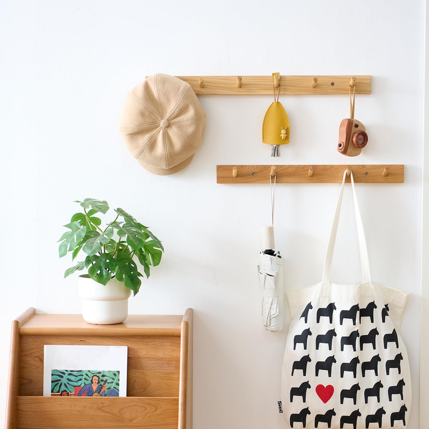 TREOAKWIS Coat Hooks Wall Mounted, 30cm Wooden Coat Rack with 3 Hooks