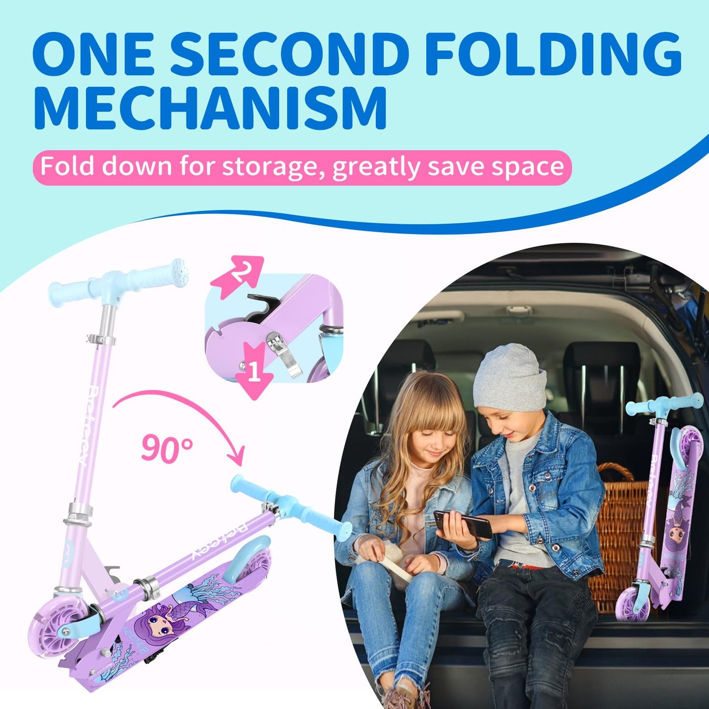 BELEEV V1 Scooter for Kids, 2 Wheels Folding Kick Scooter for Children Girl and Boys, 3 Adjustable Height, Flashing Light up Wheels, Lightweight