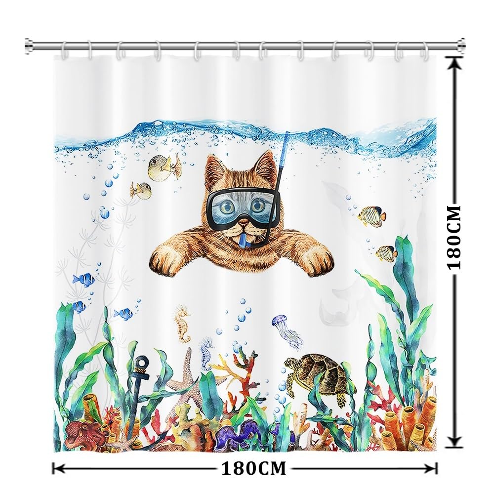 Xiaoterna Ocean Shower Curtain Bubble Marine Life Deep Sea Bathroom Curtain Cat Diving Shower Curtain Tropical Fish Turtle Shower Curtain Machine