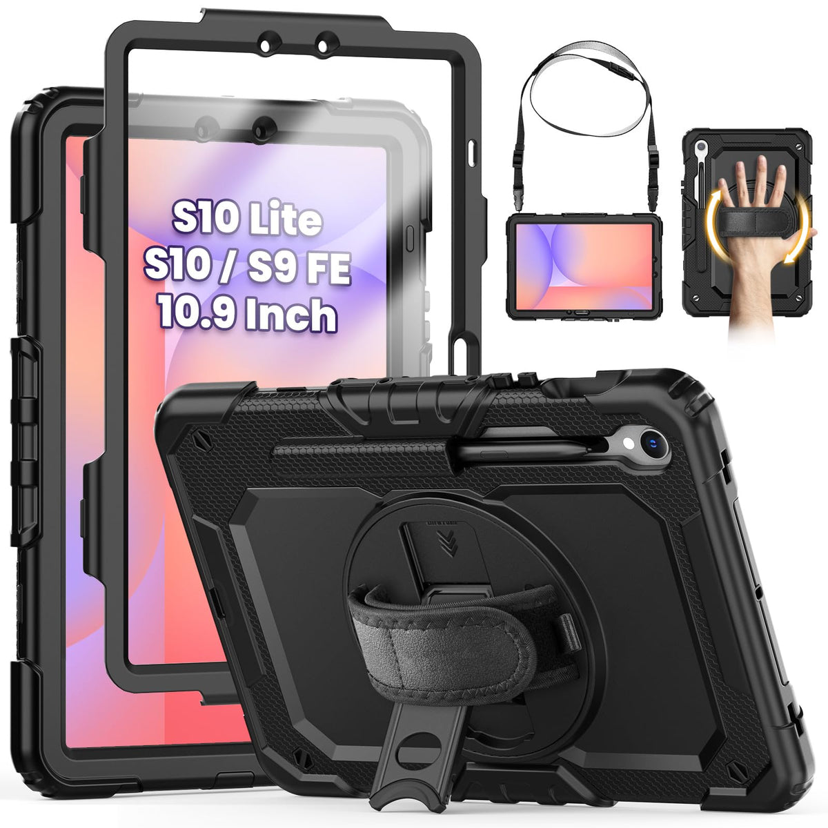 SEYMCY Case for Samsung Galaxy Tab S10 Lite / S10 FE / S9 FE 10.9 inch, Full-body Shockproof with Screen Protector, Rotating Hand Strap & Stand,