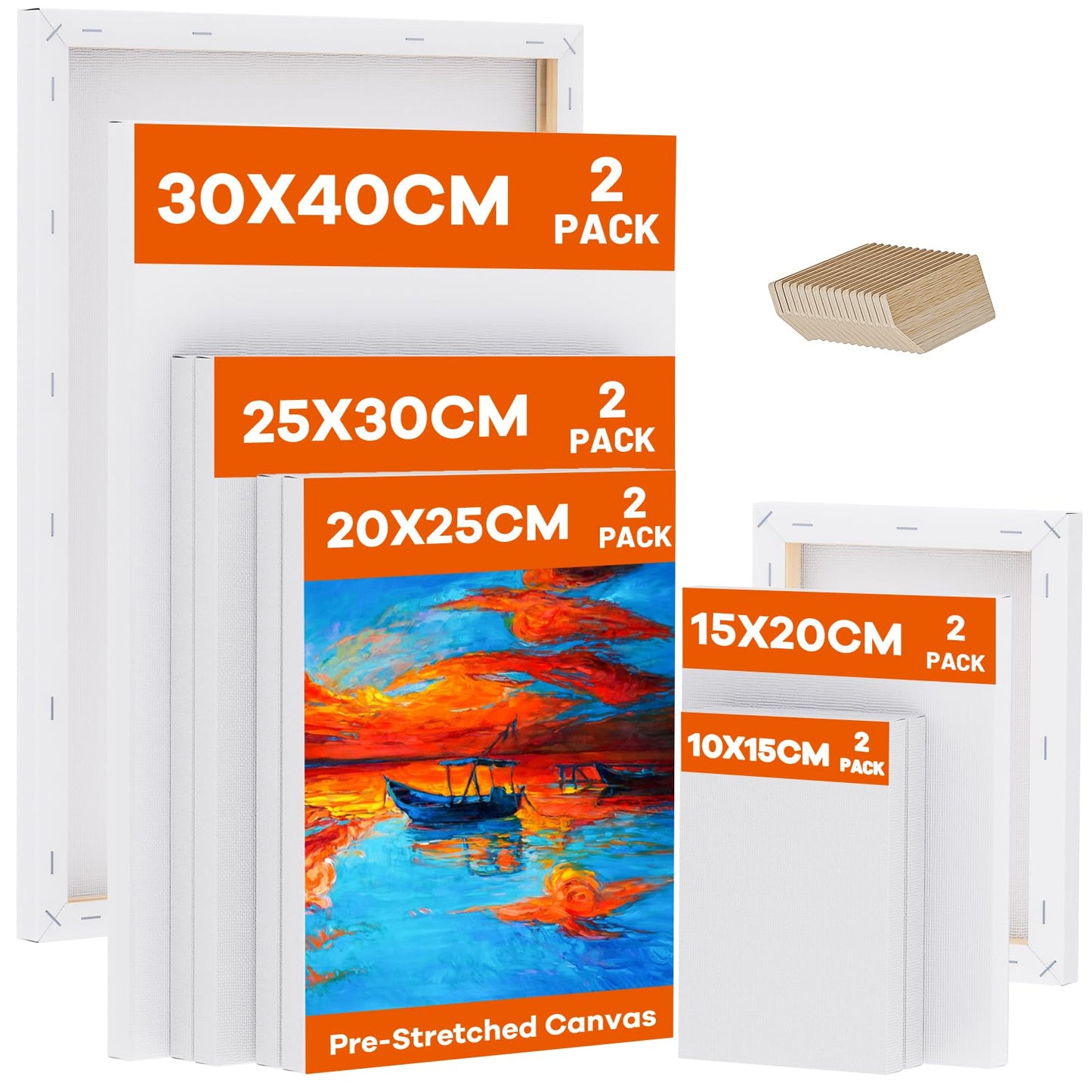 Koncci Stretched Canvas for Painting, 10 Packs Multiple Sizes Canvases Set, 10x15, 15x20, 20x25, 25x30, 30x40cm, 280GSM Stretched Wooden Canvas Frames