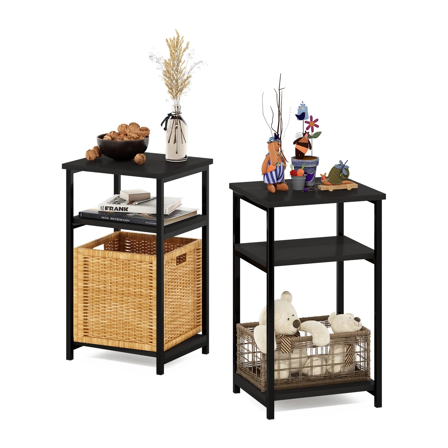 Furinno JUST Side Table Set of 2, 3-Tier Metal Frame End Table with Open Shelf, Night Stand, Bedside Table, for Living Room, Bedroom, Espresso