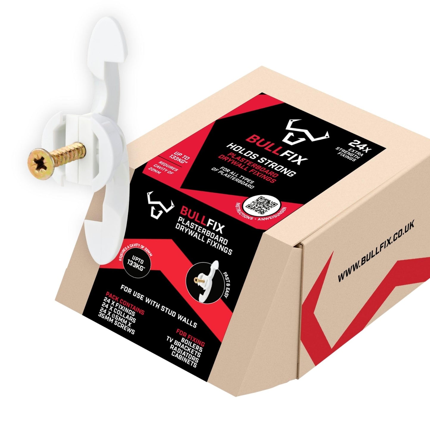 Bullfix Extra Plasterboard Fixings Heavy Duty Pack - Drywall Anchor for Insulated Plasterboard, Stud & Hollow Cavity Wall Anchor Kit with Screws,