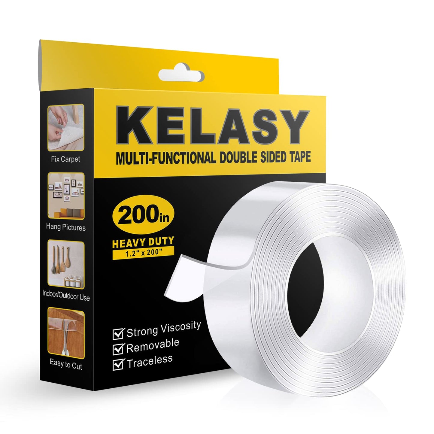 Kelasy Double Sided Tape Heavy Duty,1.2" x 200",Nano Adhesive Mounting Tape for Walls,Adhesive Strips Strong Sticky Gel Grip Tape,Transparent Poster
