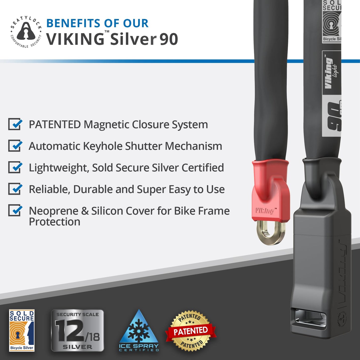 Seatylock Viking Bike Chain Lock with Key - Magnetic Patented Sold Secure Silver Rated - Heavy Duty Anti Theft - Smart Ultra Security Bicycle Lock (90