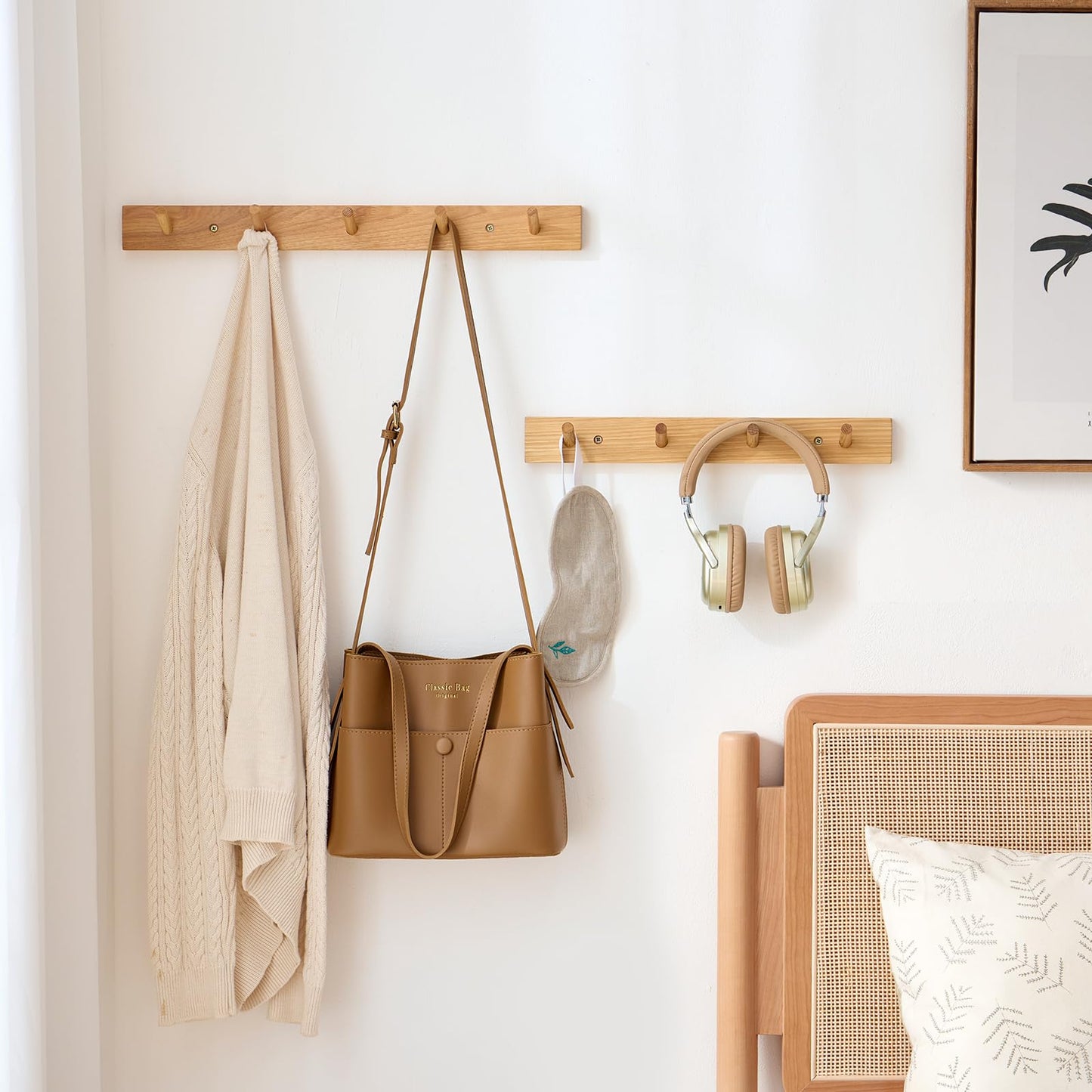 Wooden Coat Rack Wall Mounted, 60cm Hickory Wood Floating Jackets Hooks