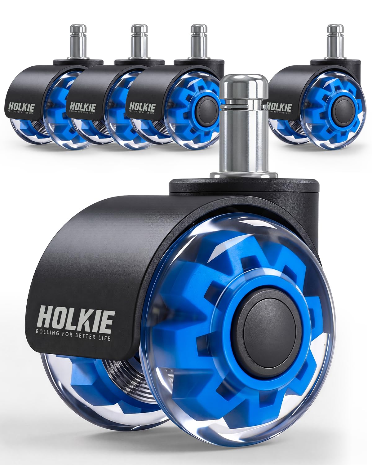 HOLKIE Office Chair Wheels 11x22mm Universal Fit 2 Inch Castors Replacement, Blue Core Dual Rubber Smooth & Silent Chair Casters Wheels-Set of 5 For