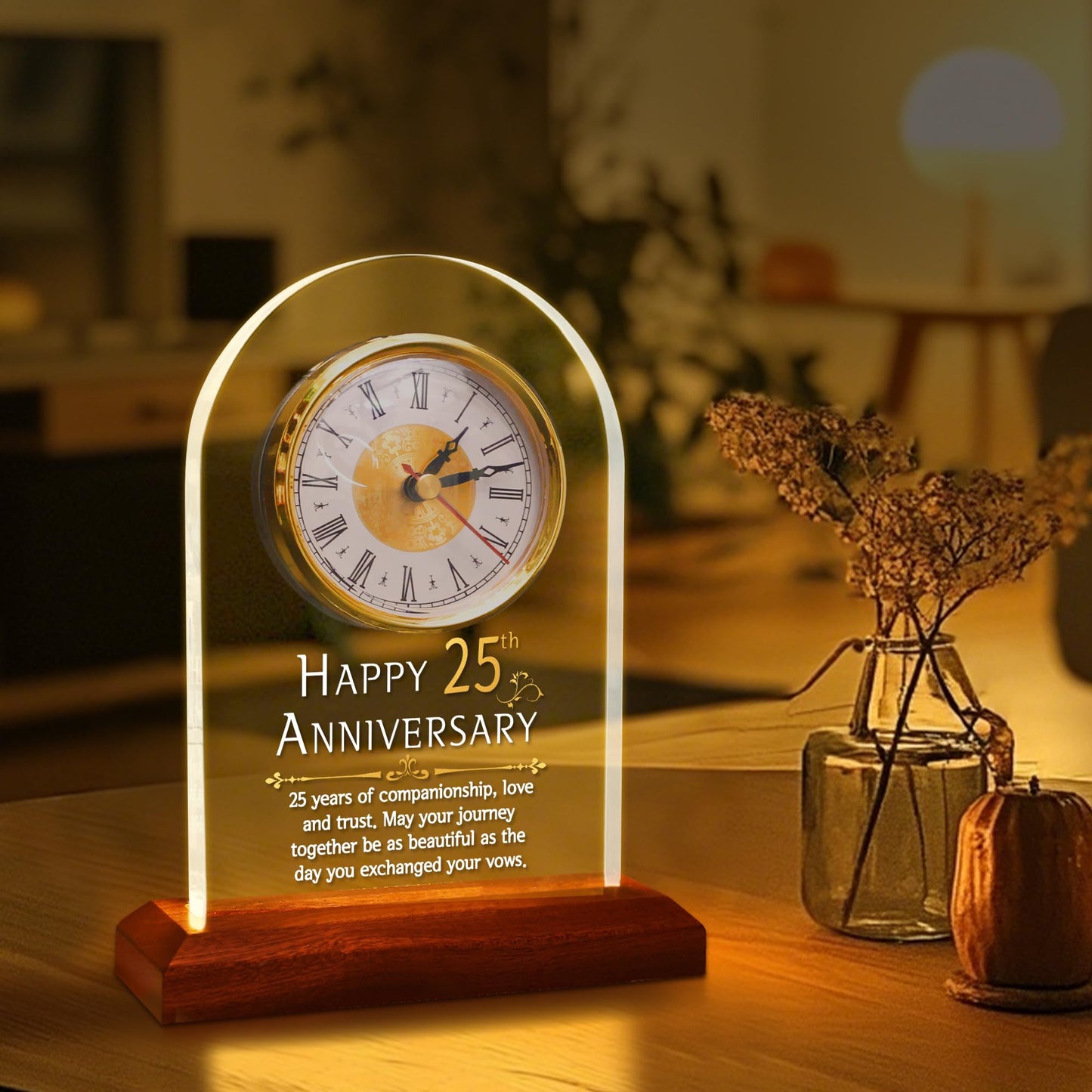 OkiyiD Light Up 25th Anniversary Wedding Gifts Quartz Clock with Wooden Base,25 Years Silver Wedding for Couple,Parents,Soft Warm White Lighting 25th