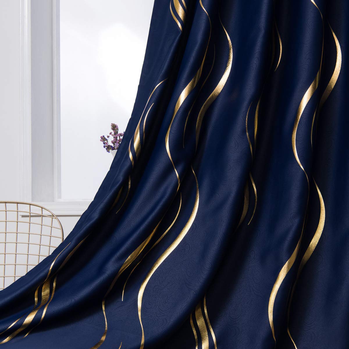 MYRU 2 Panels Set Luxury Striped Blackout Curtains for Bedroom Living Room (Navy and Gold, 2 x 66x84 Inch)