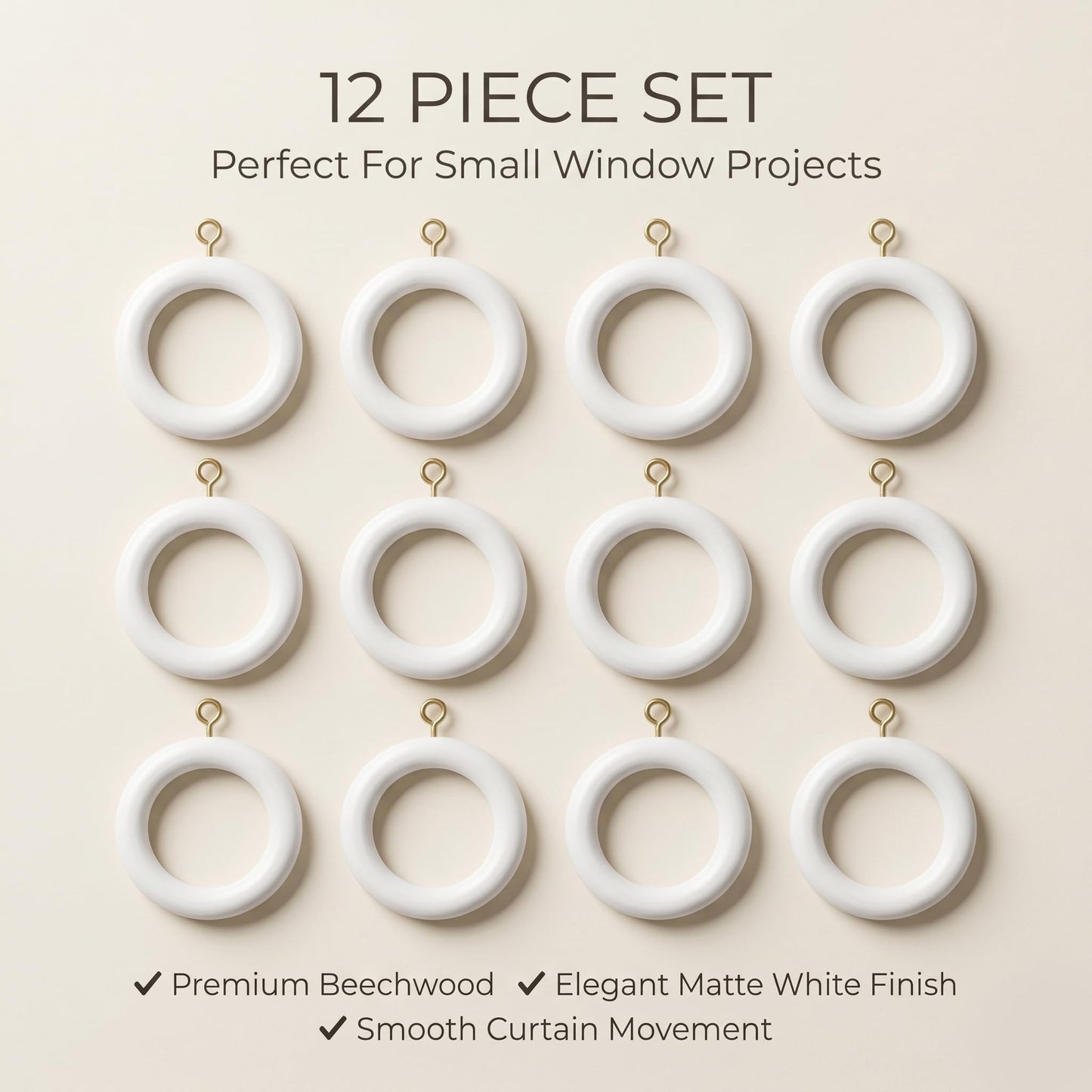 12 Pcs White Wooden Curtain Rings with Hooks | 2.5 Inch Outer Diameter, 1.75 Inch Inner Diameter | Fits 1 to 1.5 Inch Curtain Rods