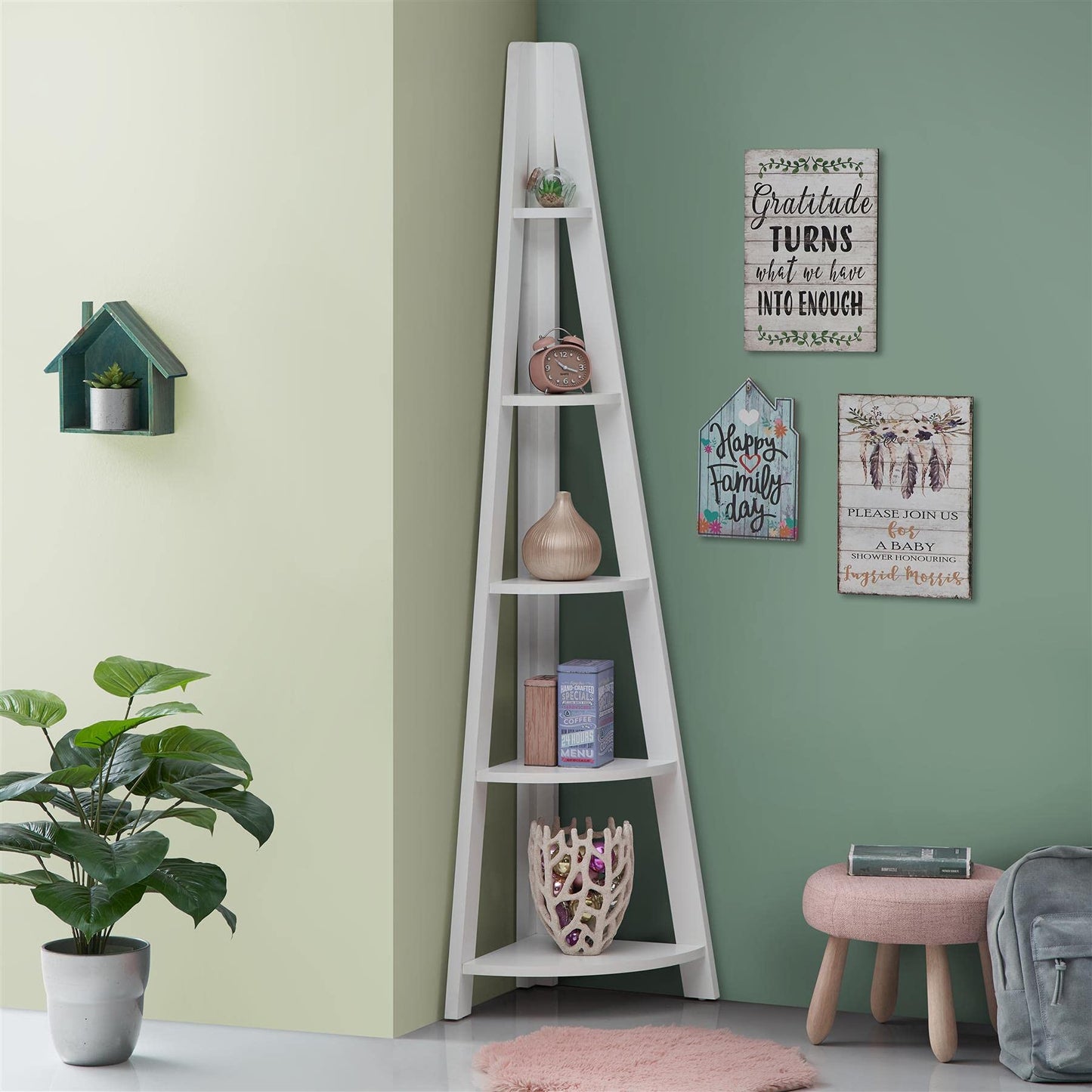 Timber Art Design UK Riva 5 Tier Corner Ladder Retro Open Wall Unit Shelving Scandinavia Contemporary Organiser For Modern Living Room Bedroom Hallway
