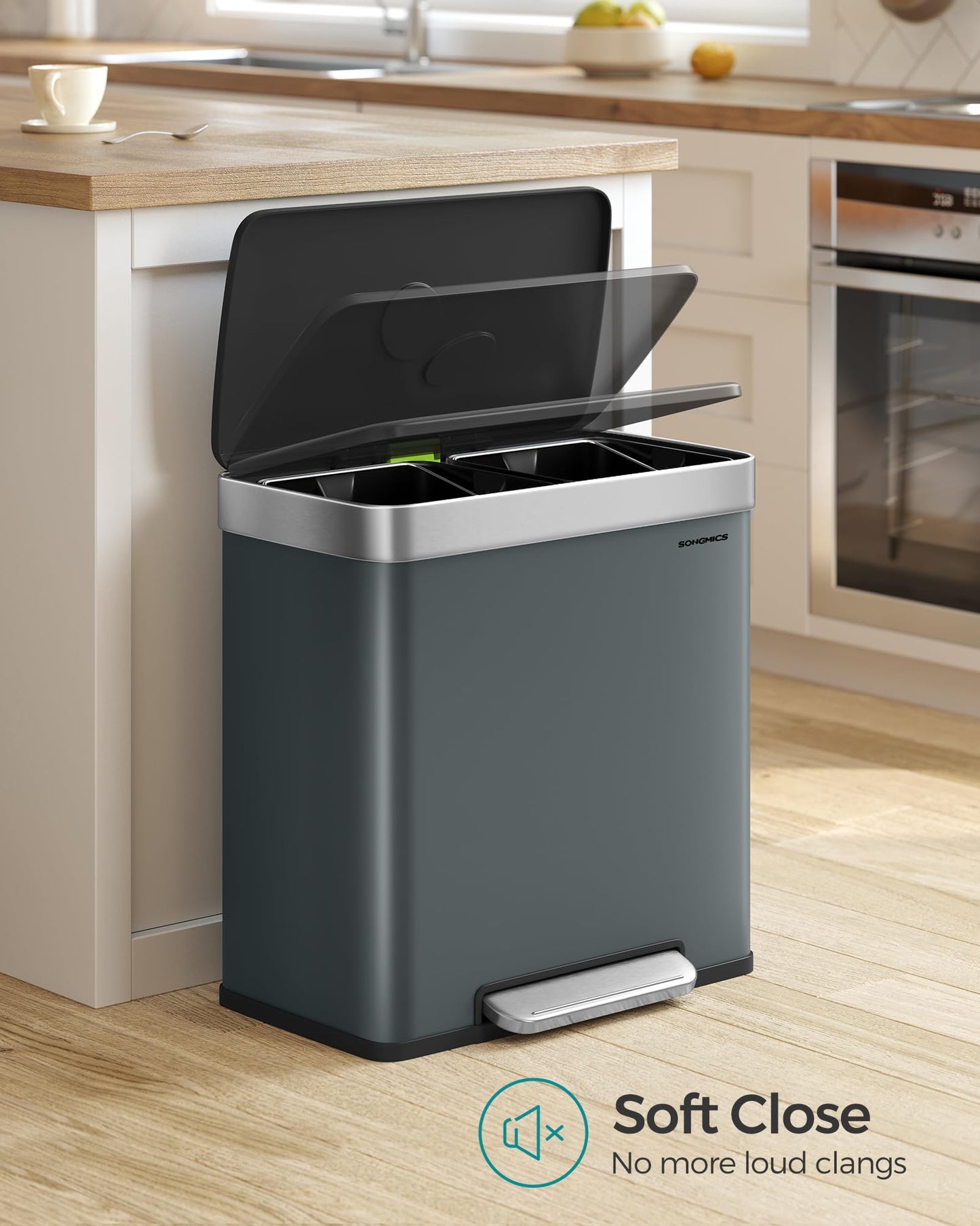 SONGMICS Kitchen Bin, 2 x 30L Stainless Steel Pedal Rubbish Bin with 15 Trash Bags, Recycling and Waste, with Plastic Inner Buckets, Lid, Soft